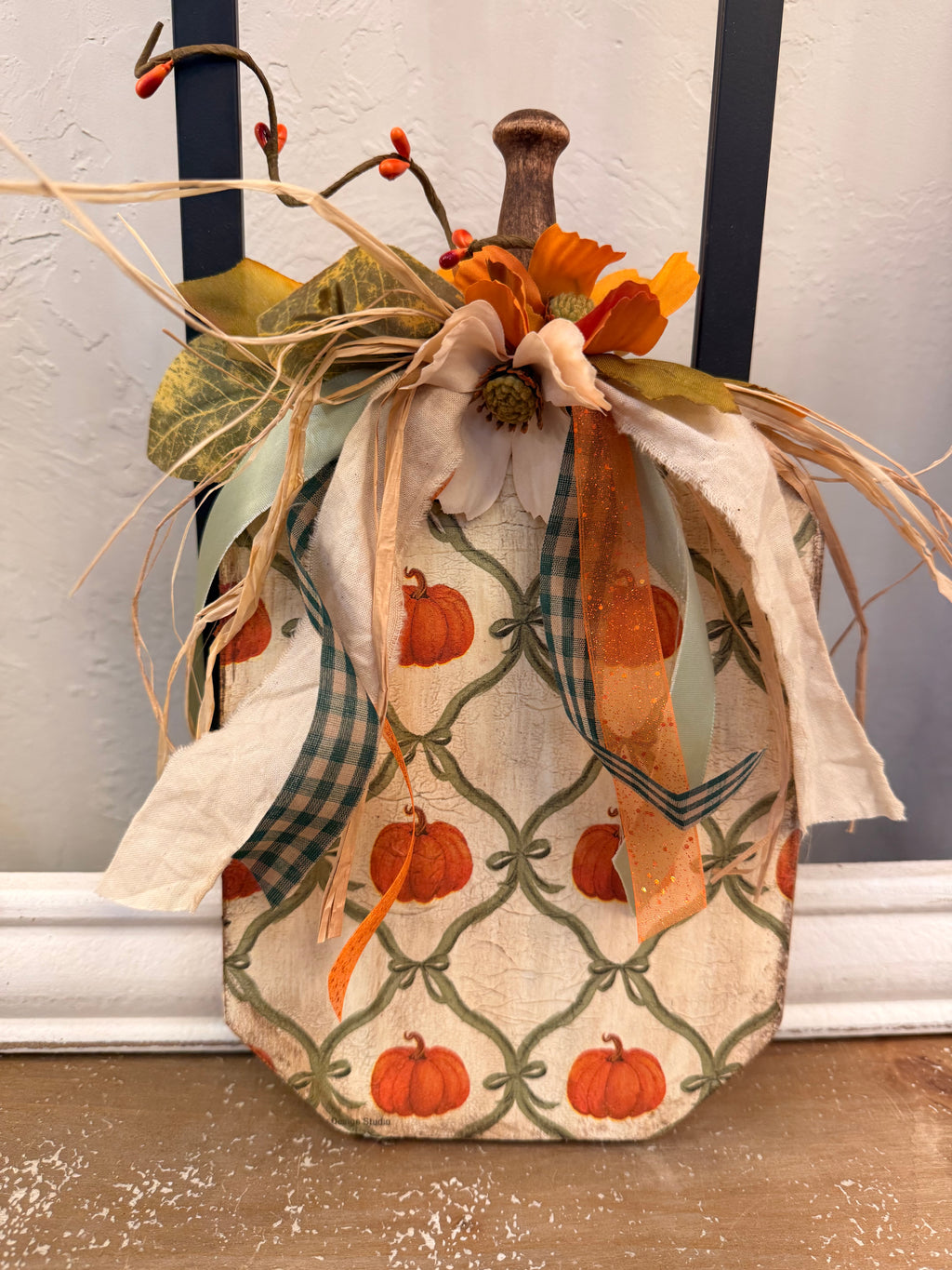 Vintage Pumpkin Wood Shelf Leaner with Fall Lattice Decoupage Pattern