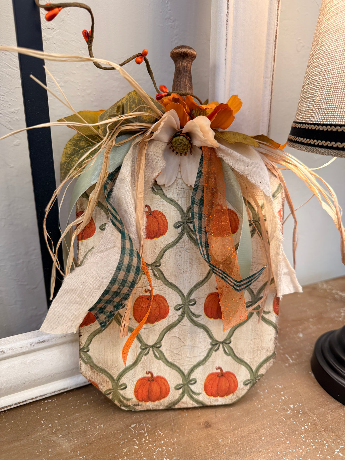 Vintage Pumpkin Wood Shelf Leaner with Fall Lattice Decoupage Pattern