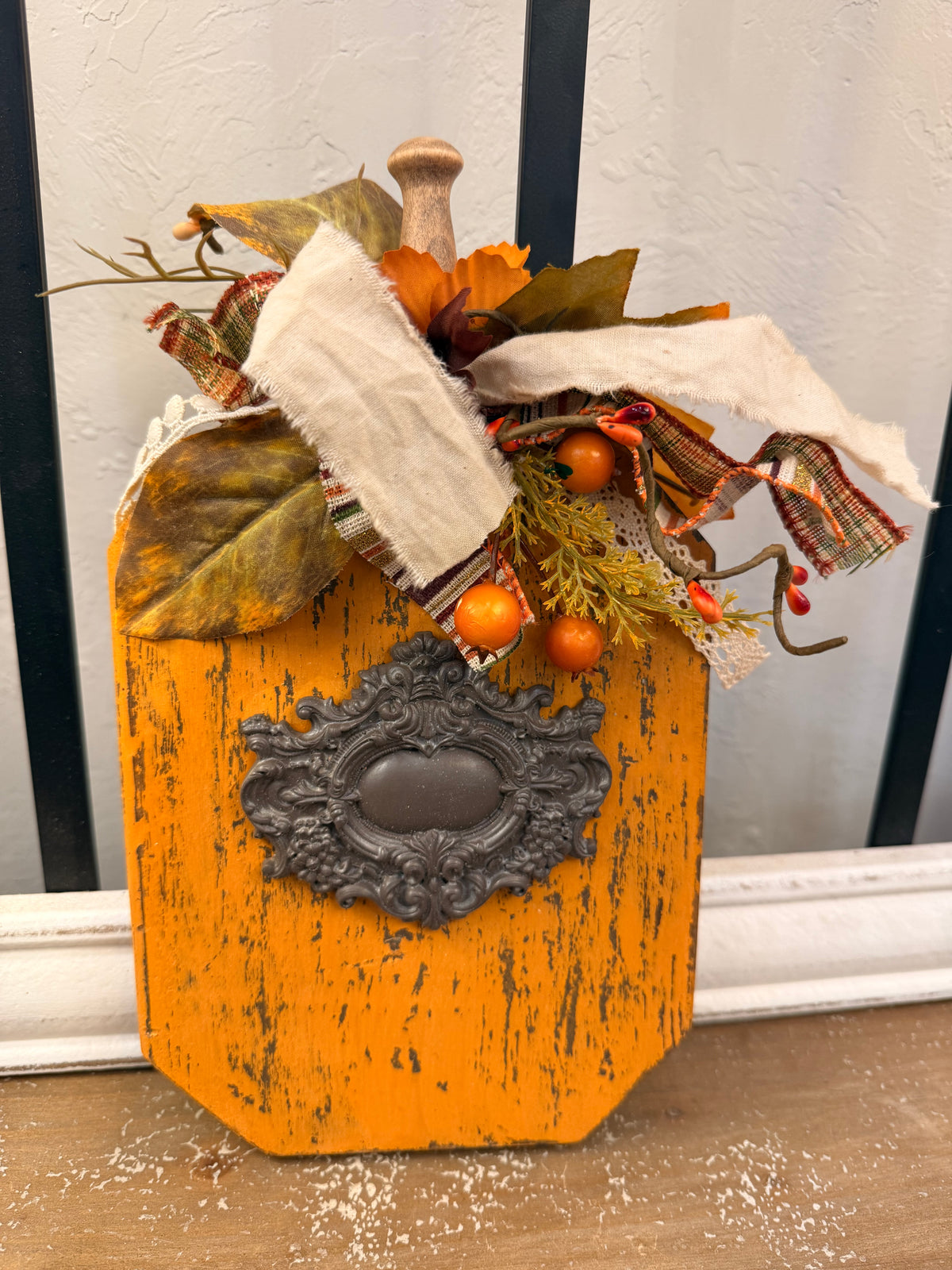 Golden Orange Wood Pumpkin Shelf Sitter with Dimensional Ornate Resin Accent