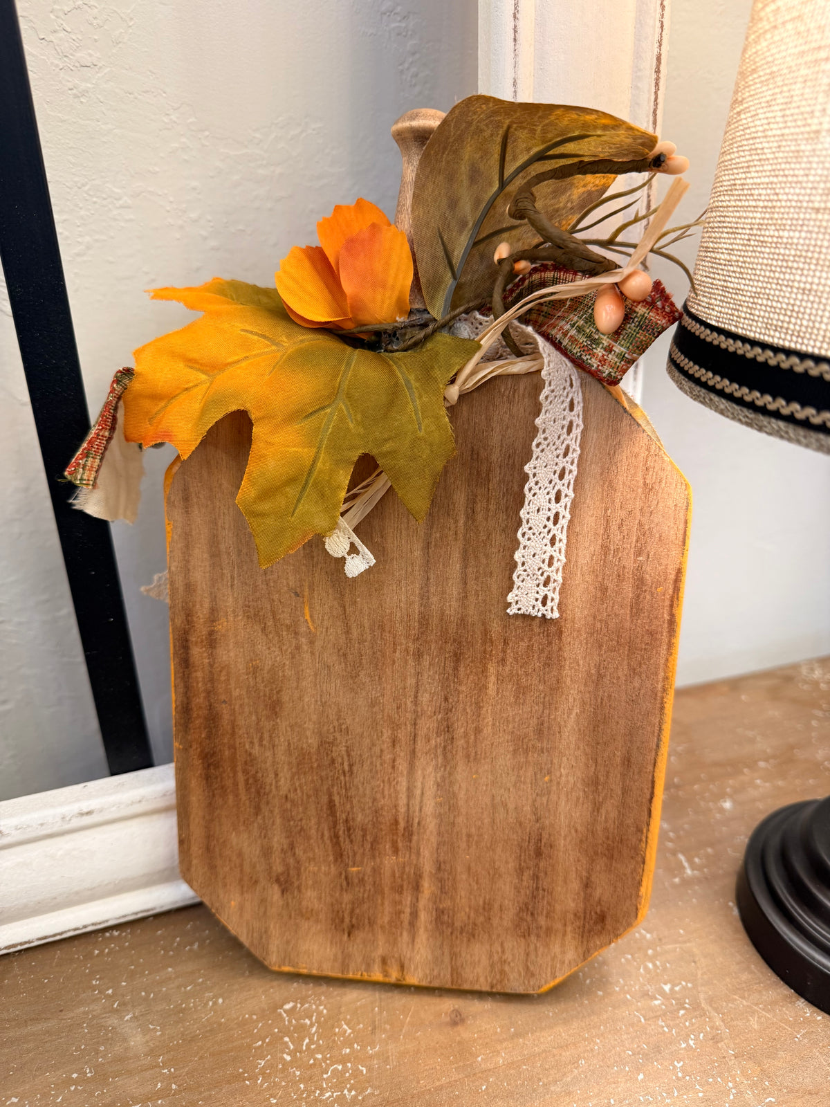 Golden Orange Wood Pumpkin Shelf Sitter with Dimensional Ornate Resin Accent
