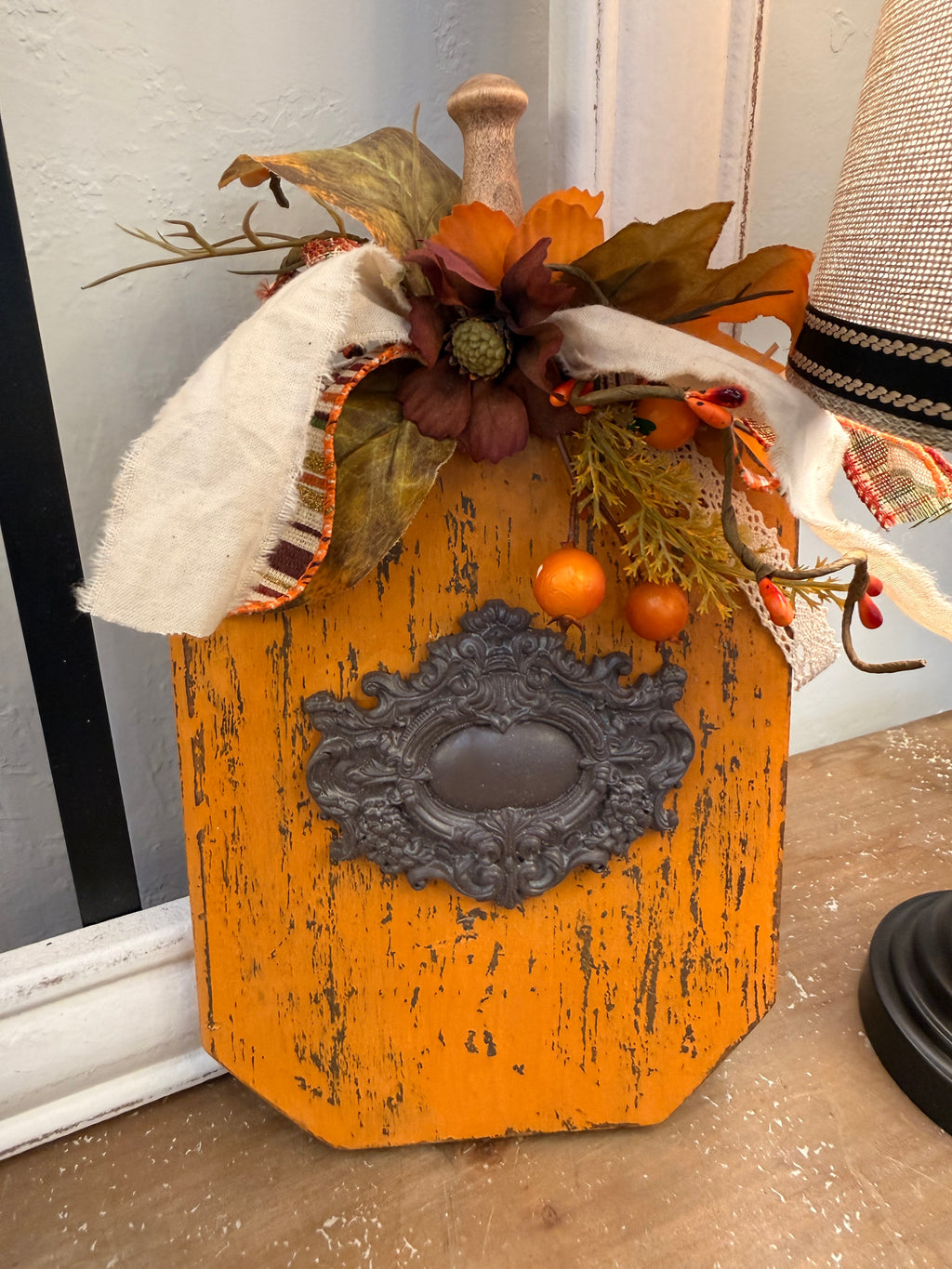 Golden Orange Wood Pumpkin Shelf Sitter with Dimensional Ornate Resin Accent