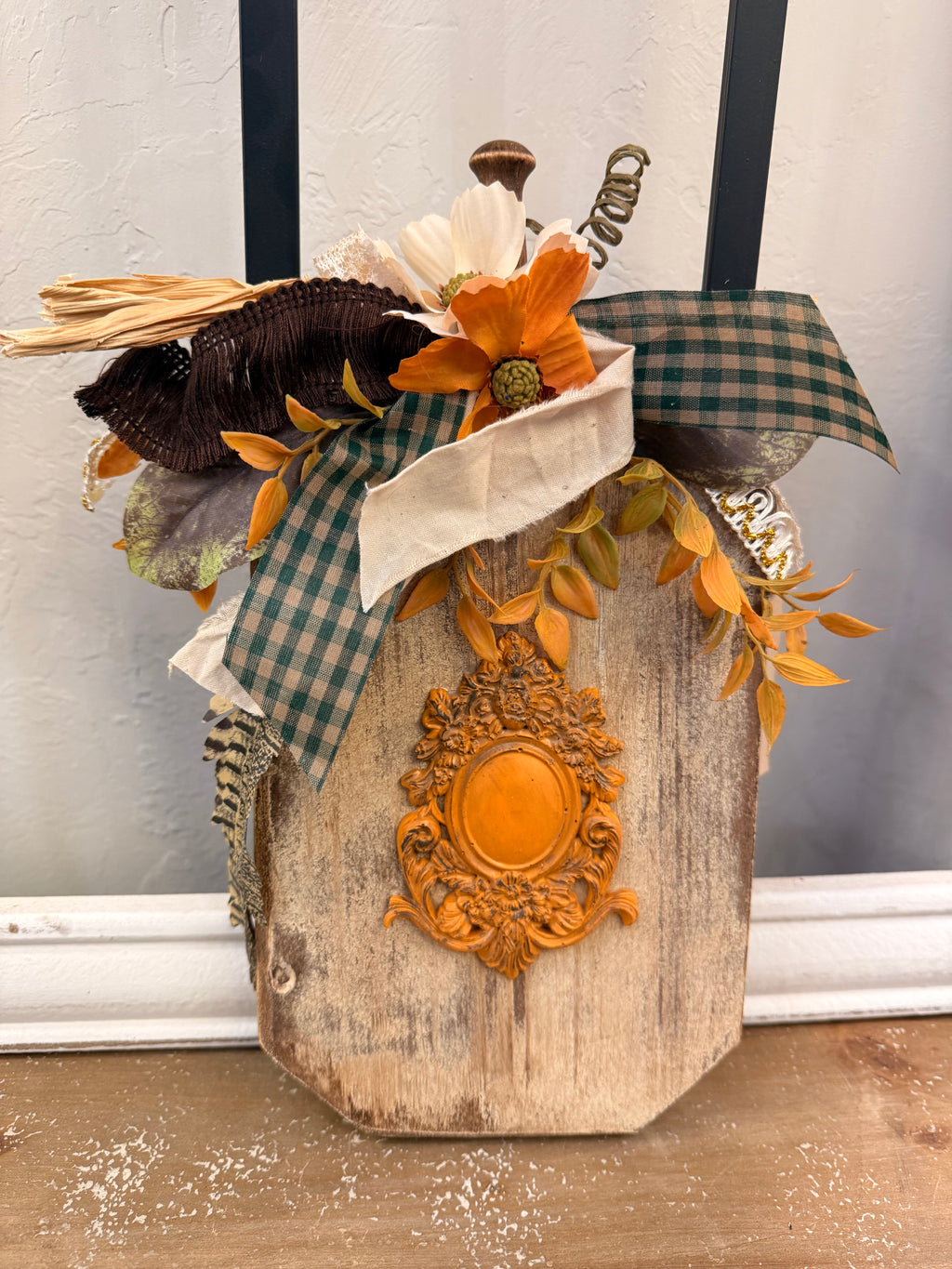 Rustic Wood Pumpkin Shelf Leaner with Dimensional Ornate Resin Accent, Fall Decor