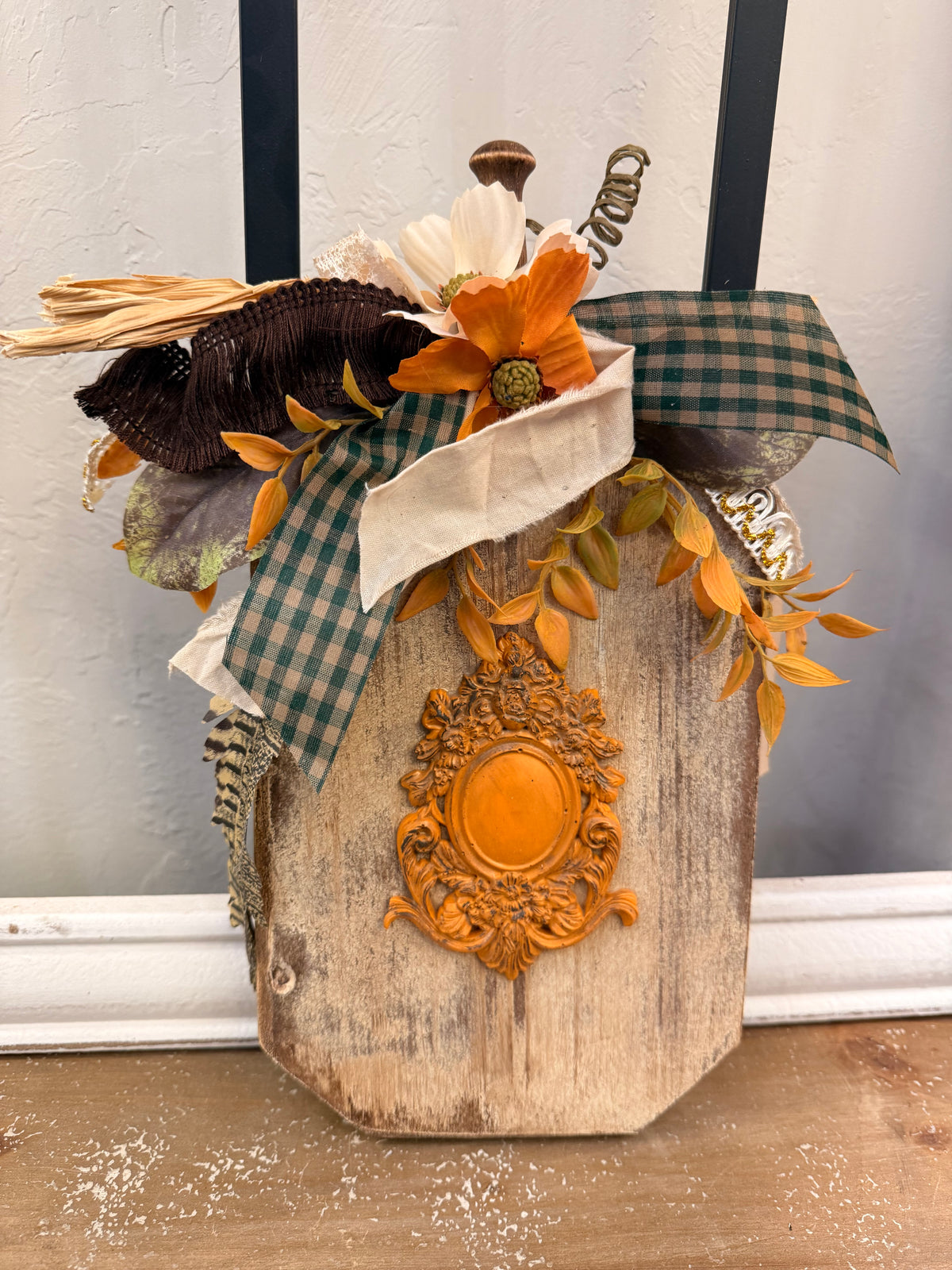Rustic Wood Pumpkin Shelf Leaner with Dimensional Ornate Resin Accent, Fall Decor