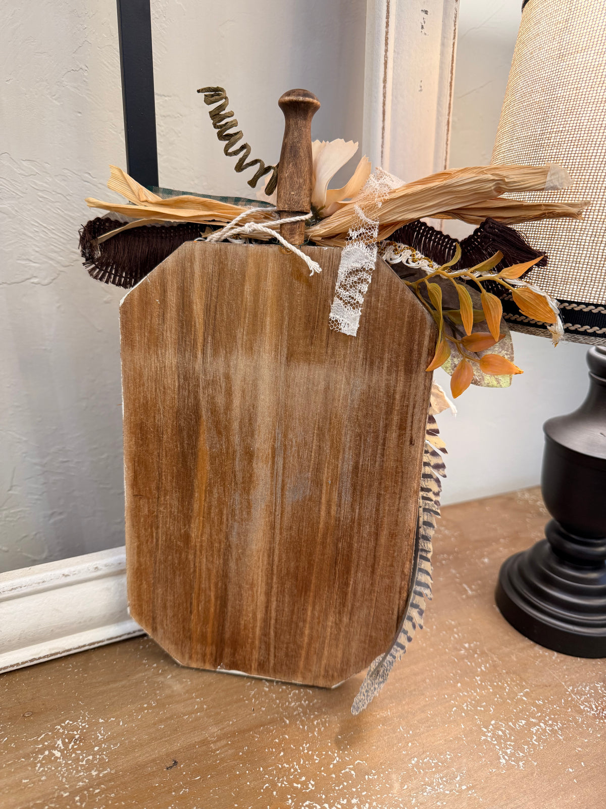 Rustic Wood Pumpkin Shelf Leaner with Dimensional Ornate Resin Accent, Fall Decor
