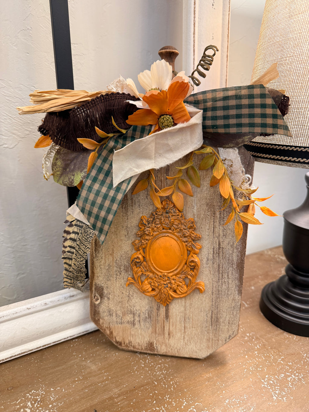 Rustic Wood Pumpkin Shelf Leaner with Dimensional Ornate Resin Accent, Fall Decor