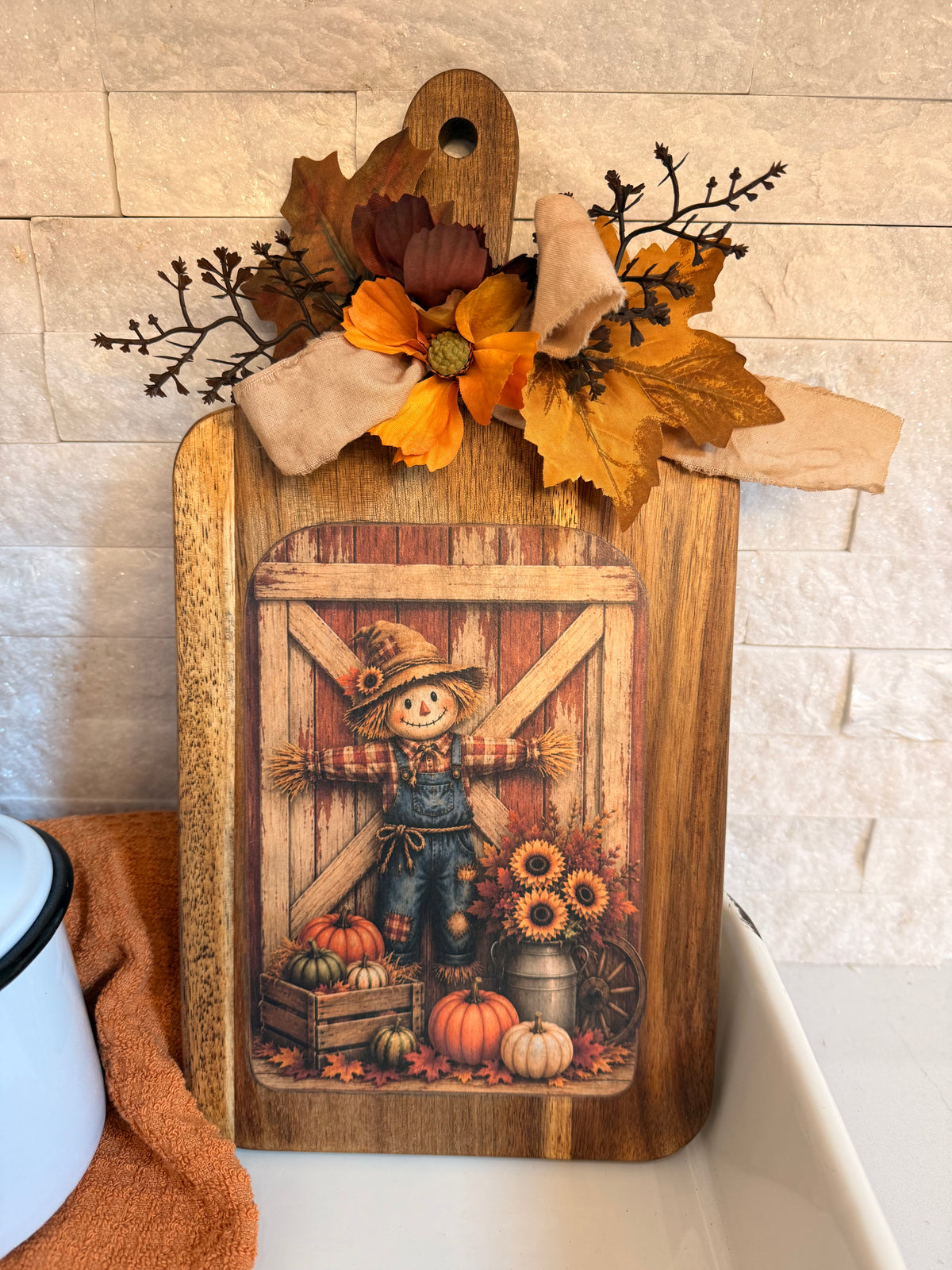 Scarecrow Fall Decorative Cutting Board with Pumpkins and Sunflowers, Harvest Kitchen Decor