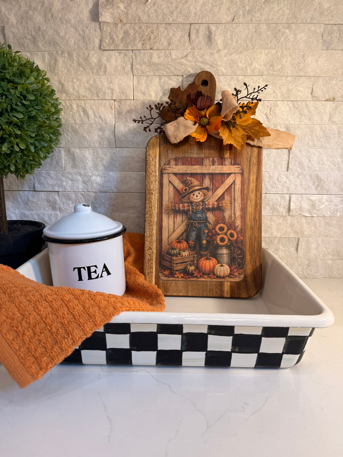 Scarecrow Fall Decorative Cutting Board with Pumpkins and Sunflowers, Harvest Kitchen Decor