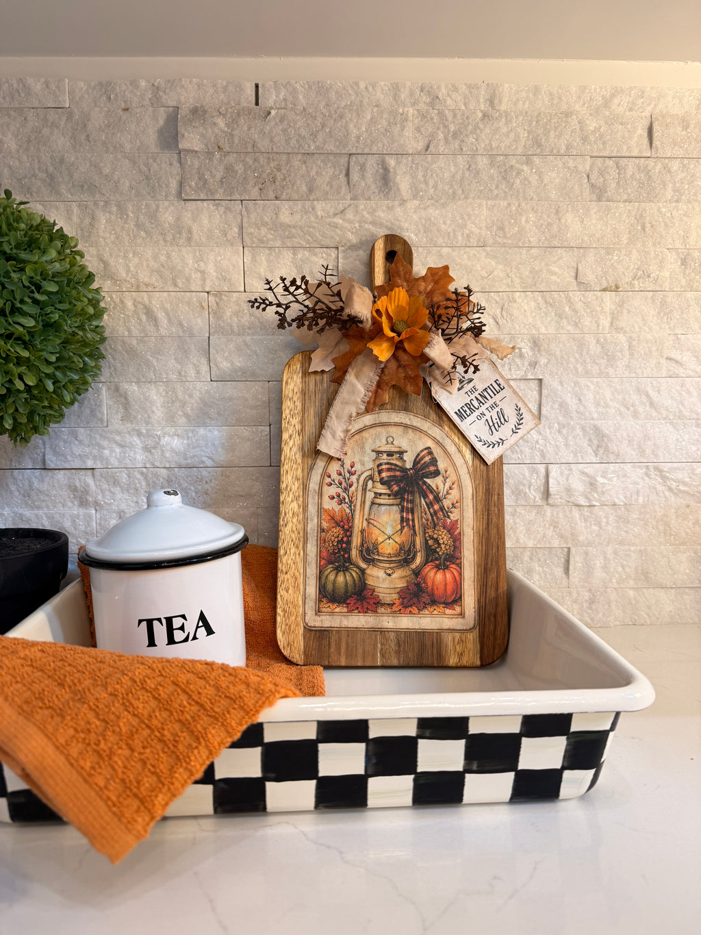 Fall Lantern Decorative Cutting Board with Pumpkins, Rustic Autumn Kitchen Decor
