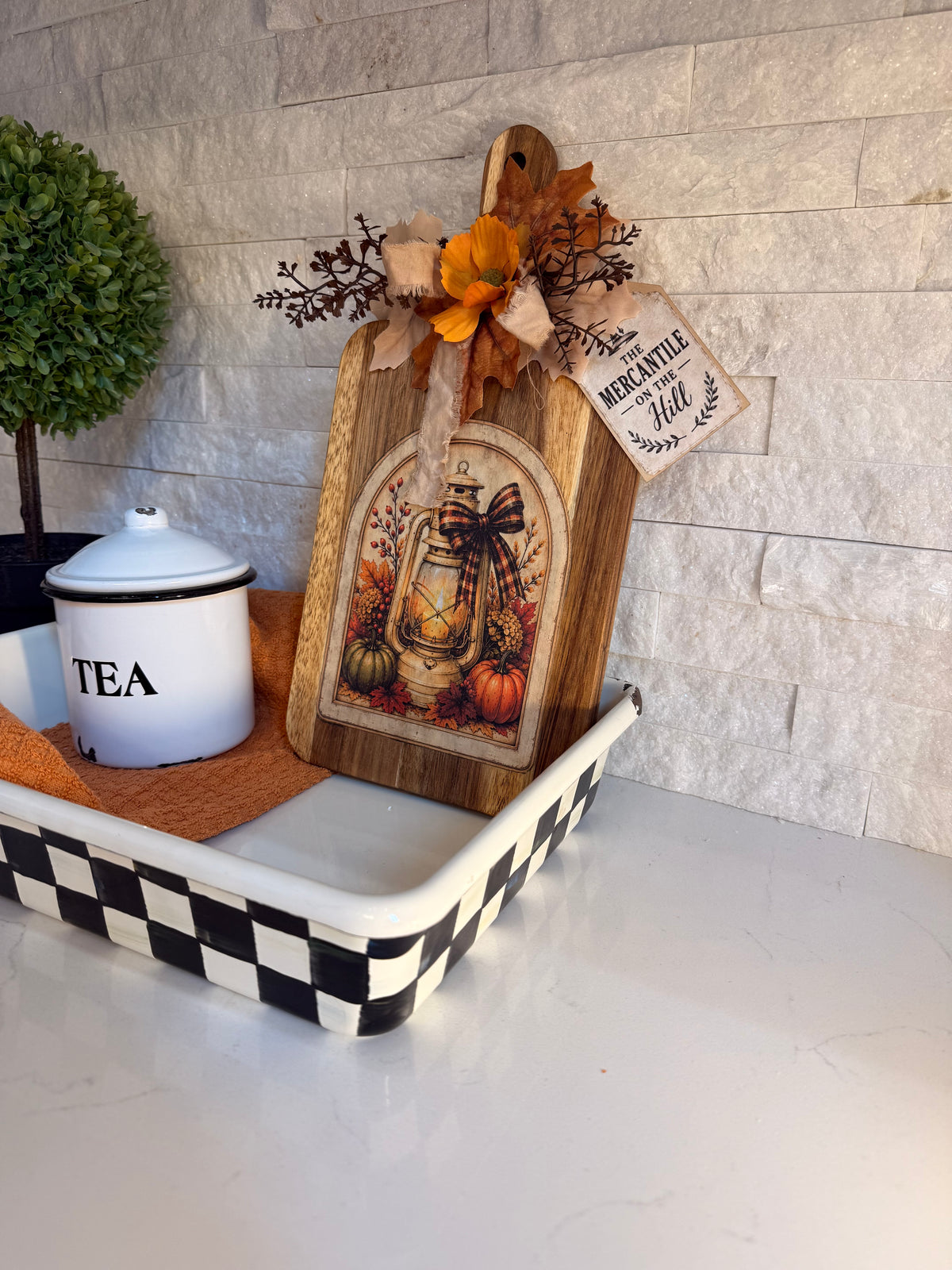 Fall Lantern Decorative Cutting Board with Pumpkins, Rustic Autumn Kitchen Decor