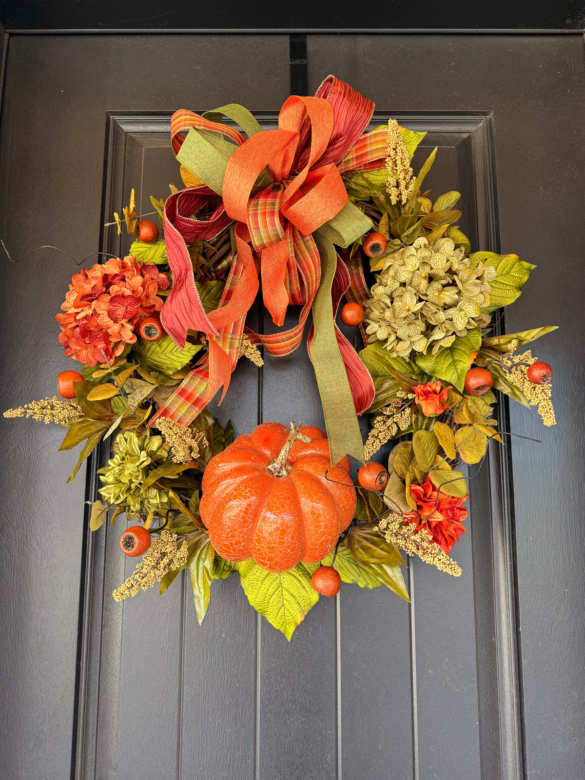 Fall Pumpkin Front Door Wreath with Hydrangeas, Autumn Leaves and Ribbon