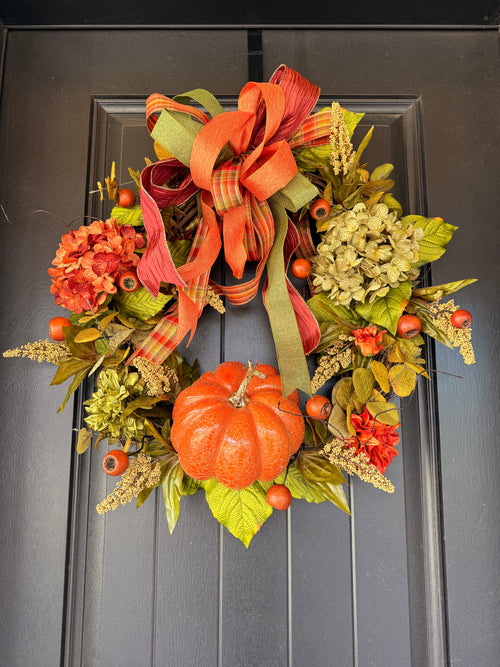 Fall Pumpkin Front Door Wreath with Hydrangeas, Autumn Leaves and Ribbon