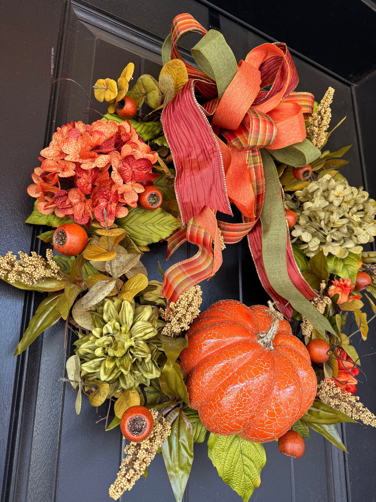 Fall Pumpkin Front Door Wreath with Hydrangeas, Autumn Leaves and Ribbon