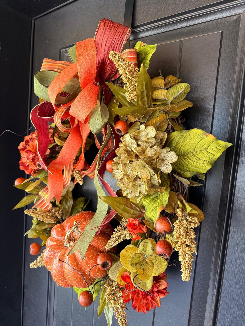 Fall Pumpkin Front Door Wreath with Hydrangeas, Autumn Leaves and Ribbon