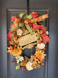 Autumn Blessings Front Door Wreath with Fall Florals and Decorative Sign