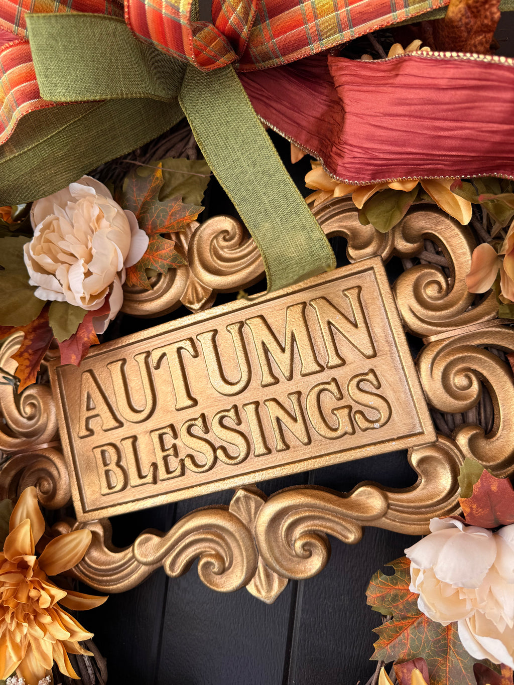 Autumn Blessings Front Door Wreath with Fall Florals and Decorative Sign