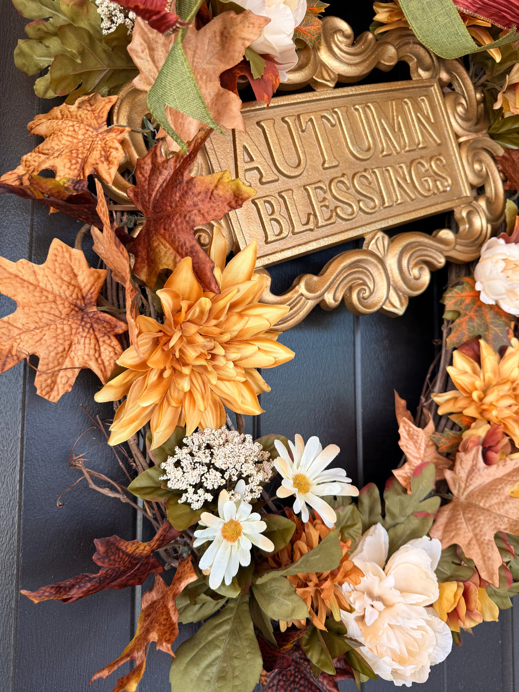 Autumn Blessings Front Door Wreath with Fall Florals and Decorative Sign