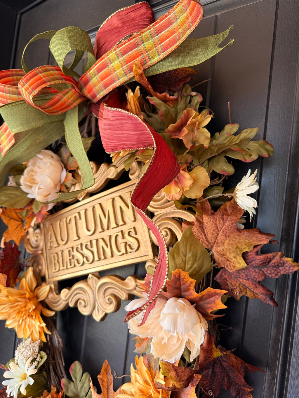 Autumn Blessings Front Door Wreath with Fall Florals and Decorative Sign