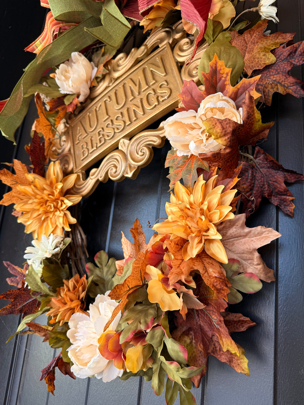 Autumn Blessings Front Door Wreath with Fall Florals and Decorative Sign