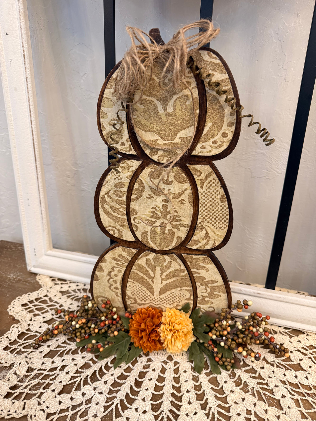 Three Tier Wood Pumpkin Stack with Damask Decoupage, Fall Shelf Decor