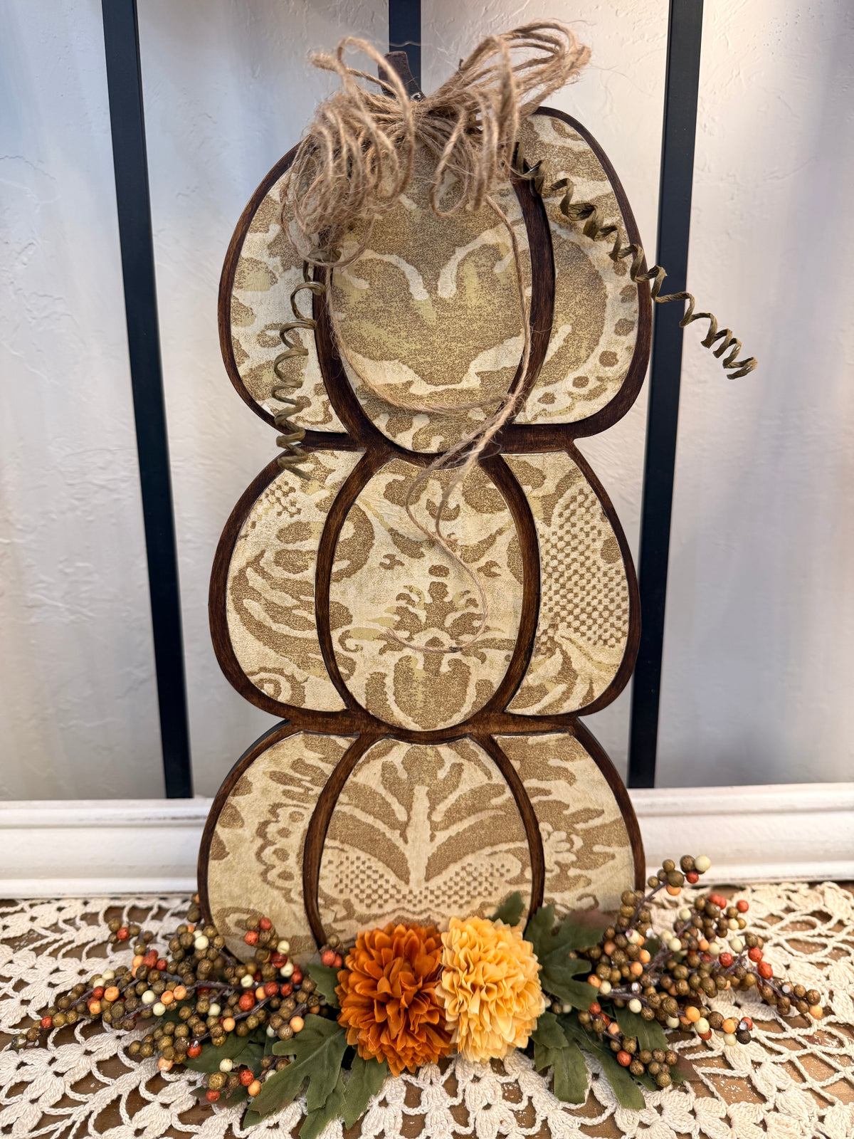 Three Tier Wood Pumpkin Stack with Damask Decoupage, Fall Shelf Decor