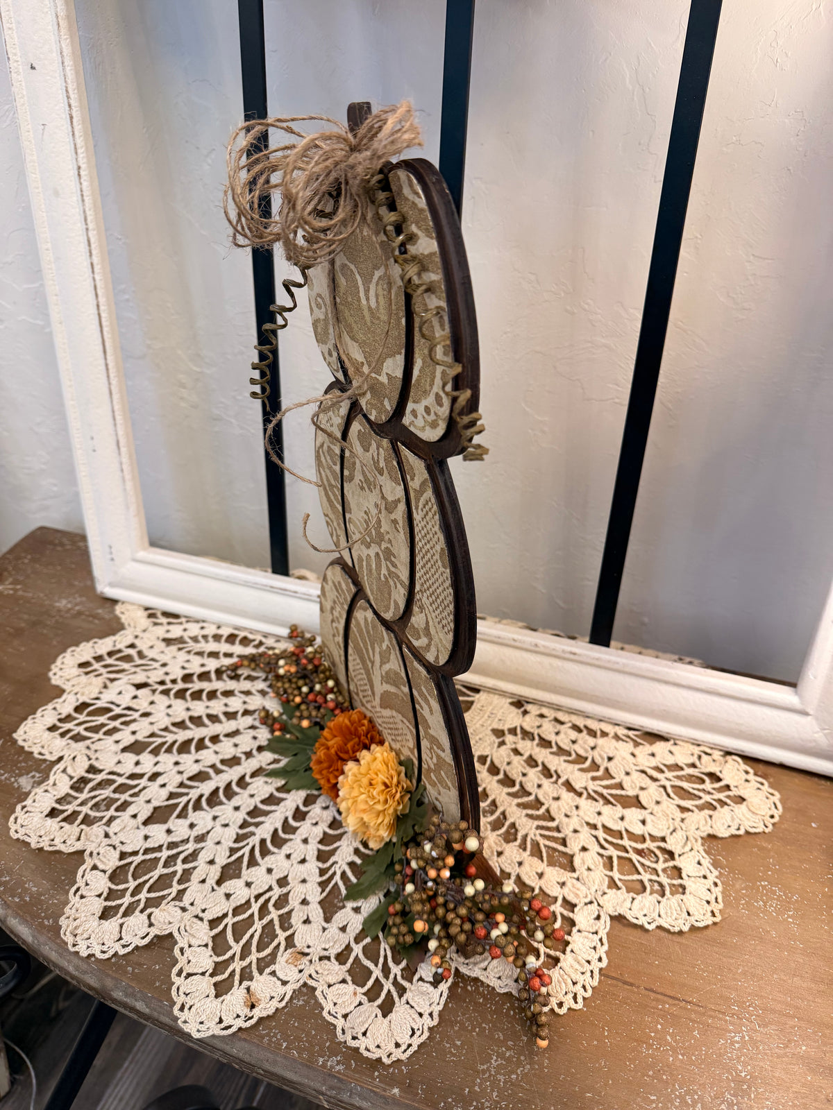 Three Tier Wood Pumpkin Stack with Damask Decoupage, Fall Shelf Decor