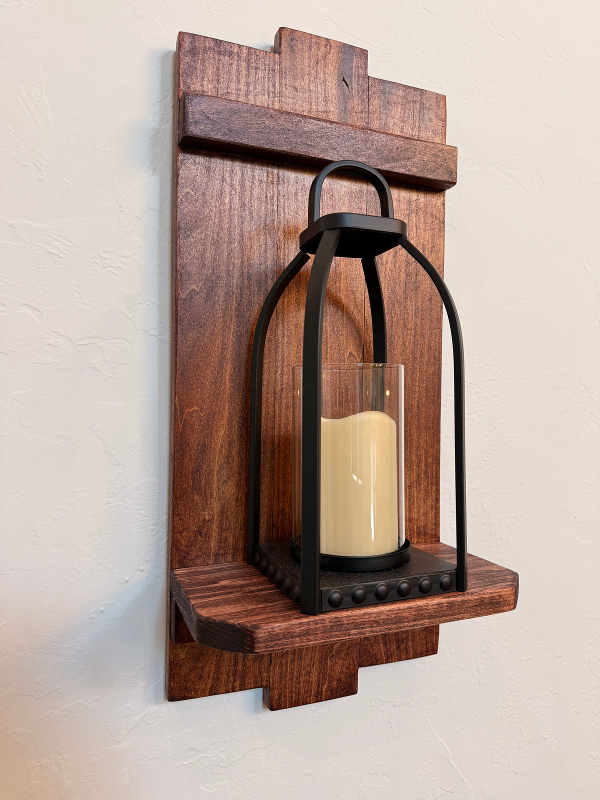 Large Rustic Handmade Wood Wall Sconce with Display Shelf, Lantern and Candle Decor Options