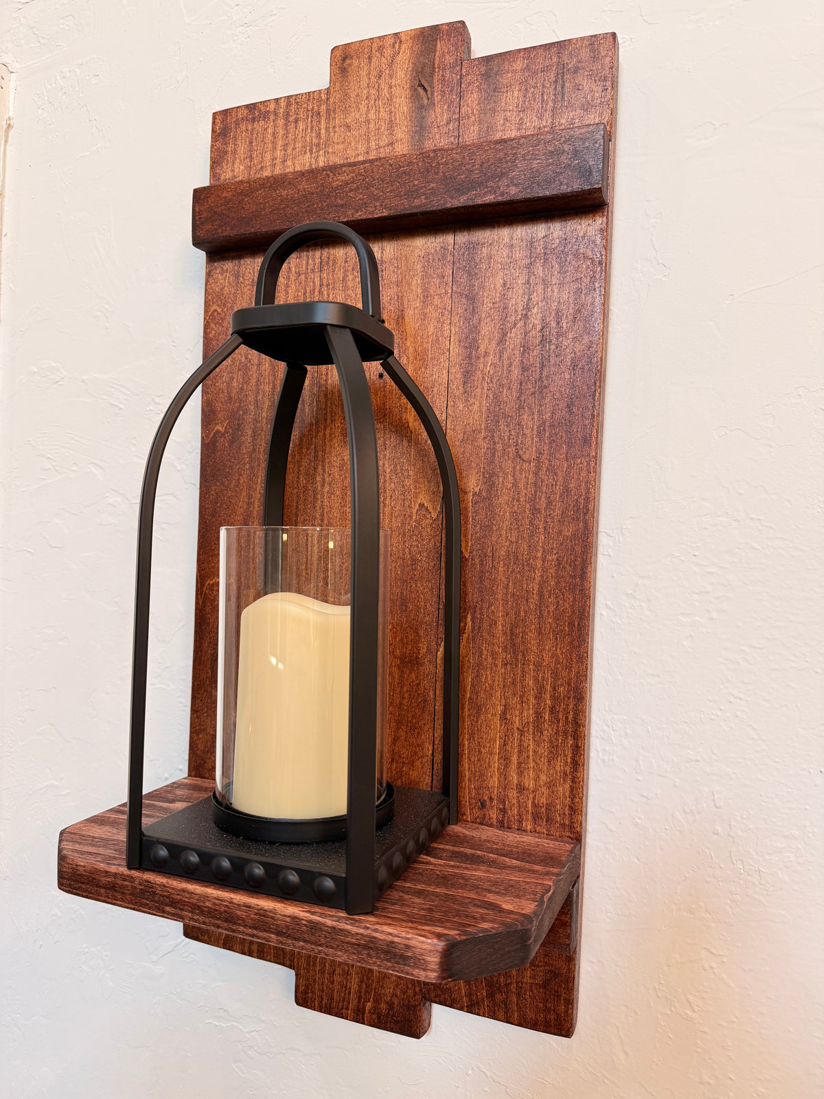 Large Rustic Handmade Wood Wall Sconce with Display Shelf, Lantern and Candle Decor Options