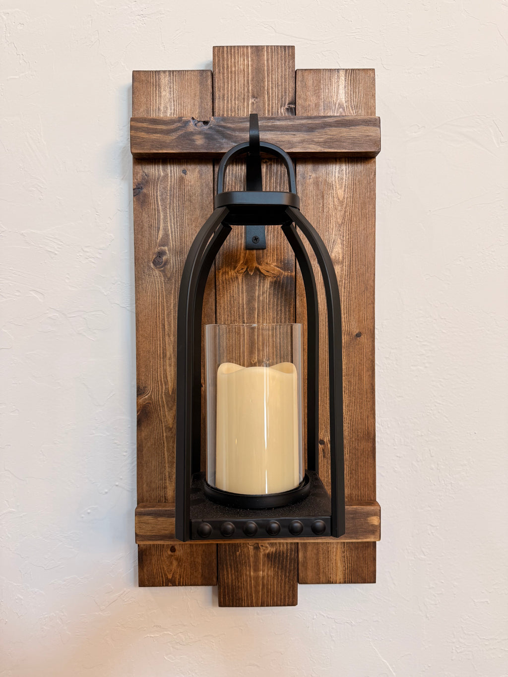 Large Rustic Handmade Wood Wall Sconce with Lantern Hook, Lantern and Candle Decor Options