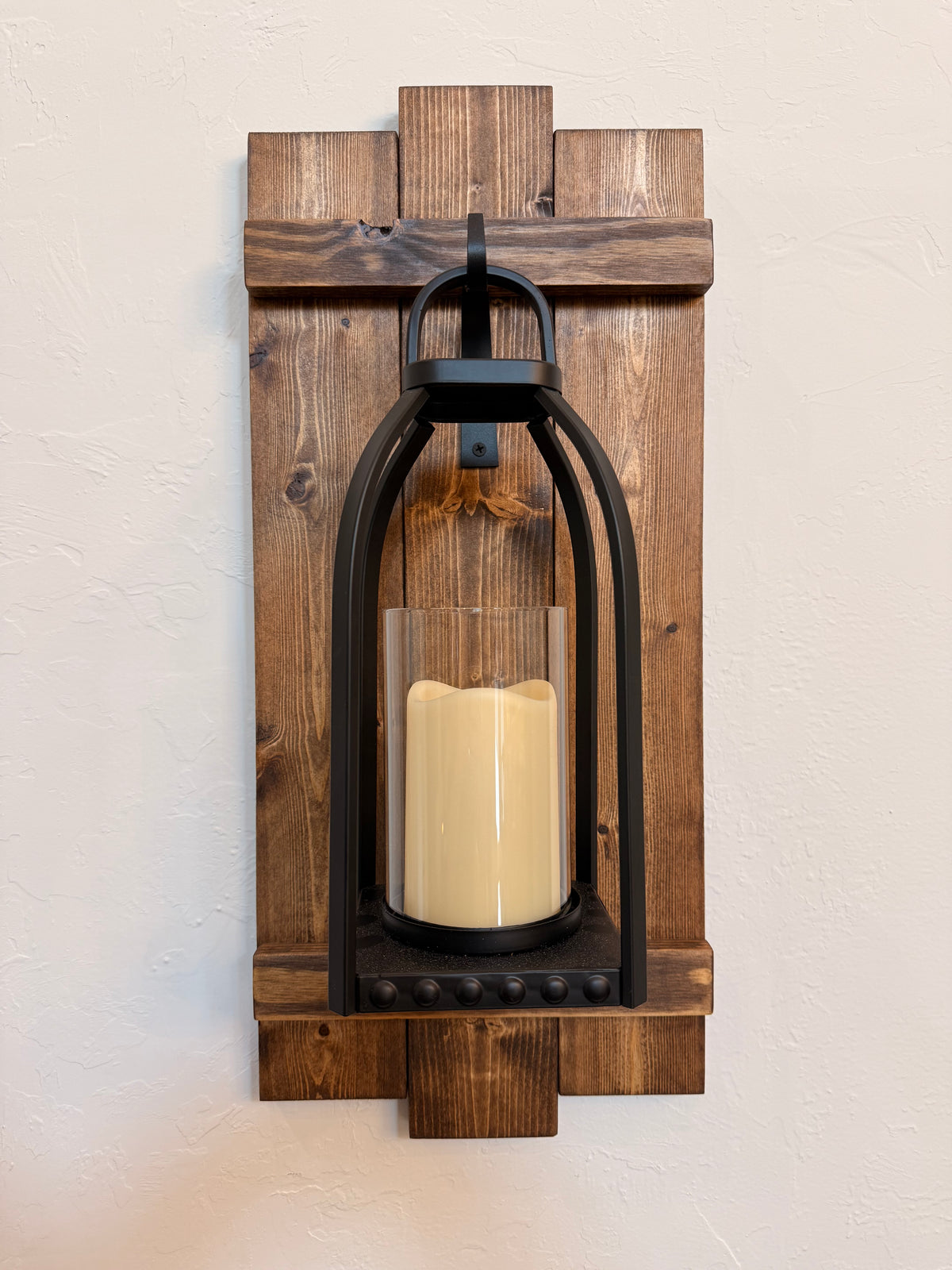 Large Rustic Handmade Wood Wall Sconce with Lantern Hook, Lantern and Candle Decor Options
