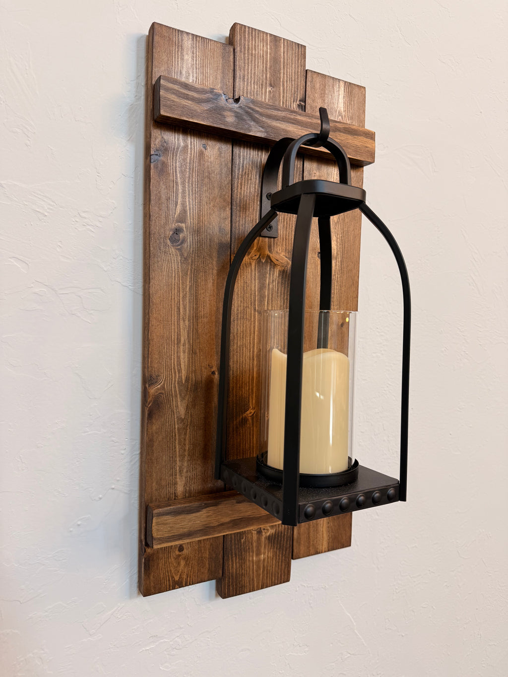 Large Rustic Handmade Wood Wall Sconce with Lantern Hook, Lantern and Candle Decor Options
