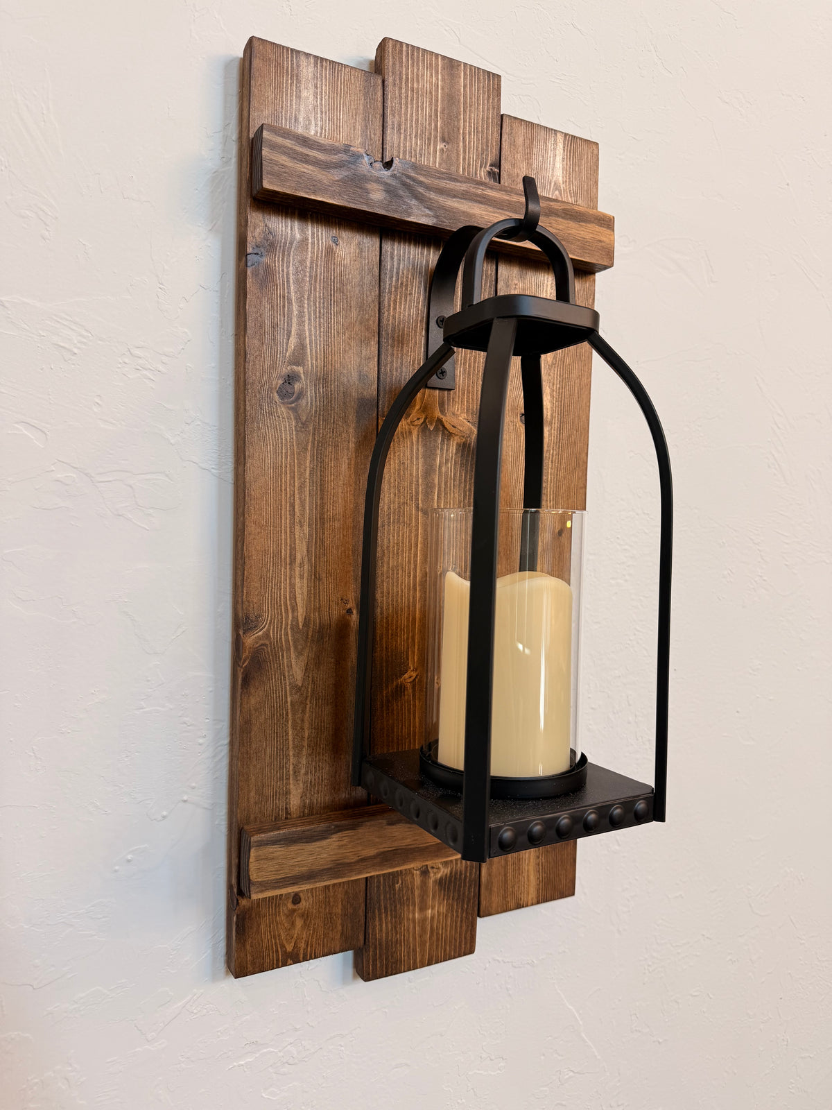 Large Rustic Handmade Wood Wall Sconce with Lantern Hook, Lantern and Candle Decor Options