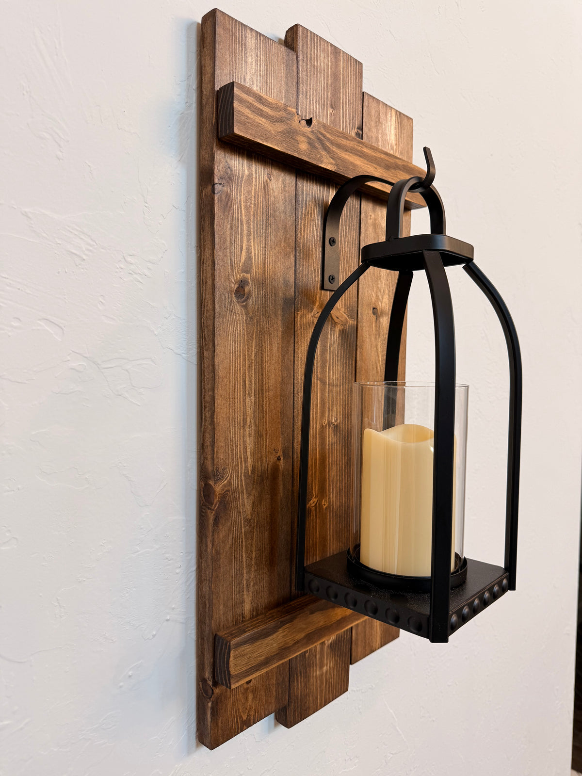 Large Rustic Handmade Wood Wall Sconce with Lantern Hook, Lantern and Candle Decor Options