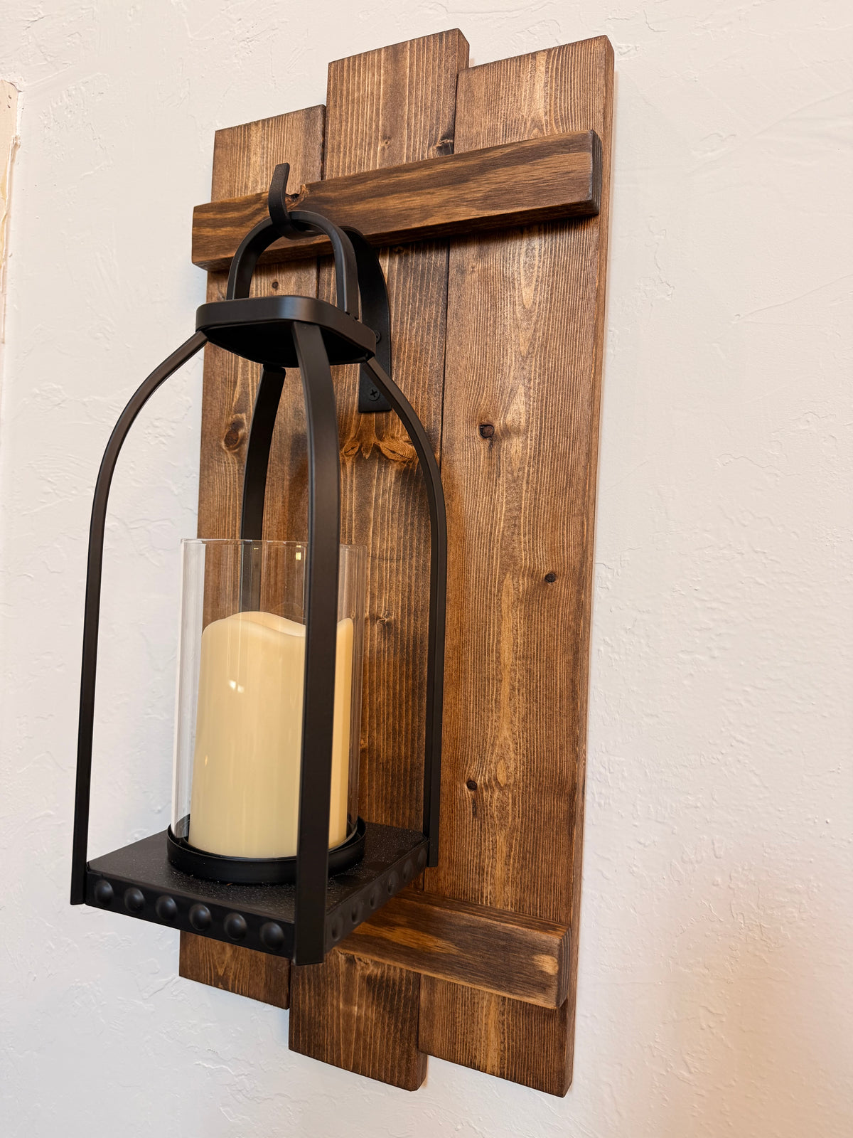 Large Rustic Handmade Wood Wall Sconce with Lantern Hook, Lantern and Candle Decor Options