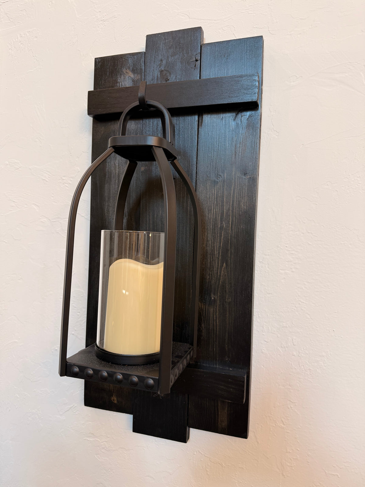 Large Rustic Handmade Wood Wall Sconce with Lantern Hook, Lantern and Candle Decor Options