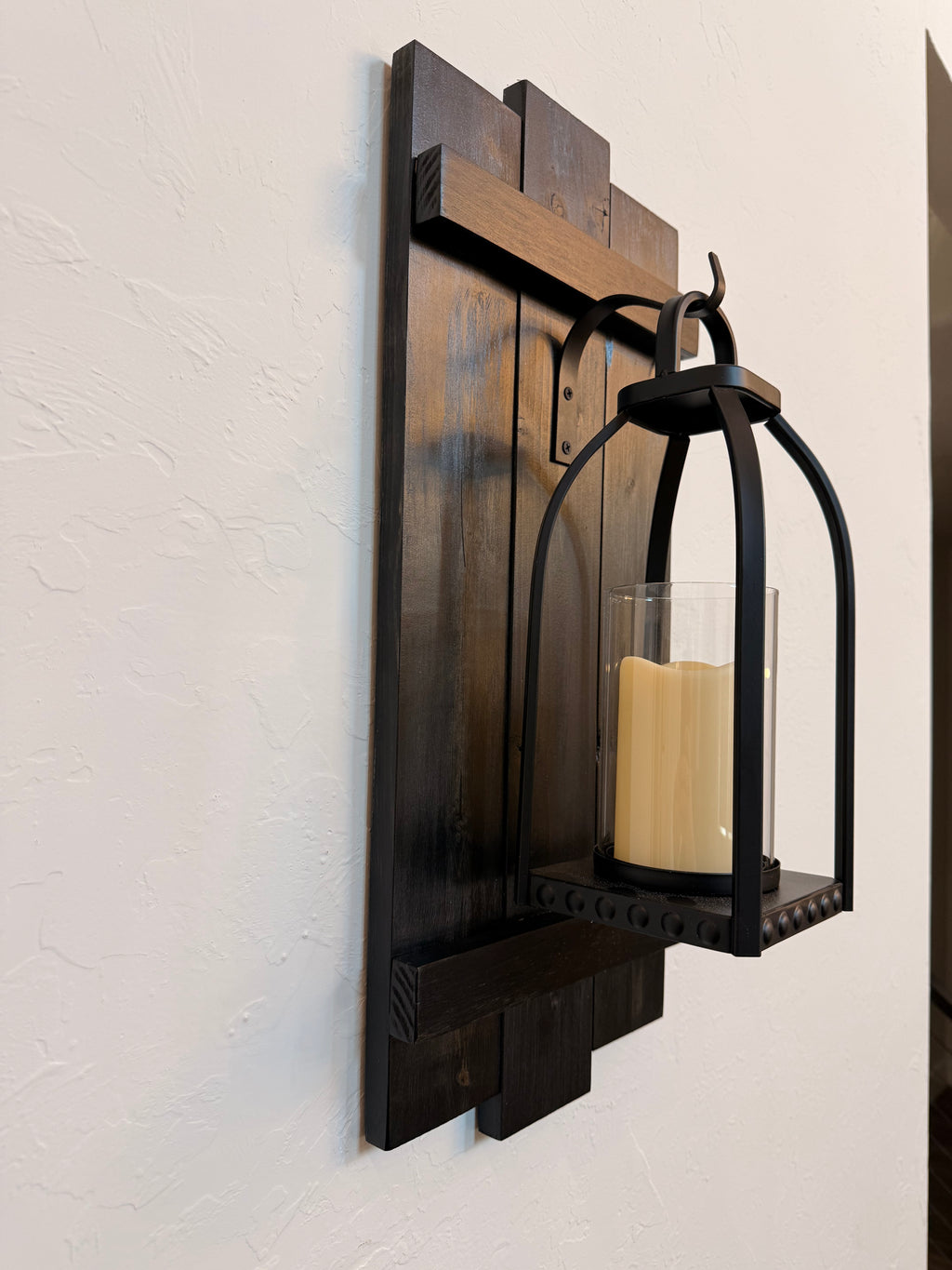 Large Rustic Handmade Wood Wall Sconce with Lantern Hook, Lantern and Candle Decor Options