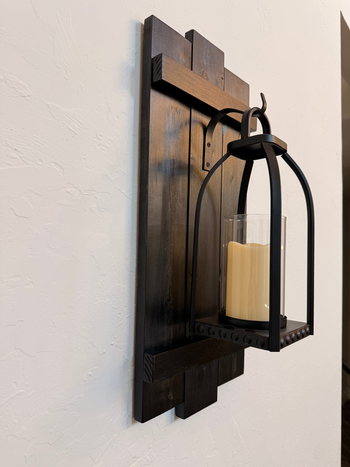 Large Rustic Handmade Wood Wall Sconce with Lantern Hook, Lantern and Candle Decor Options