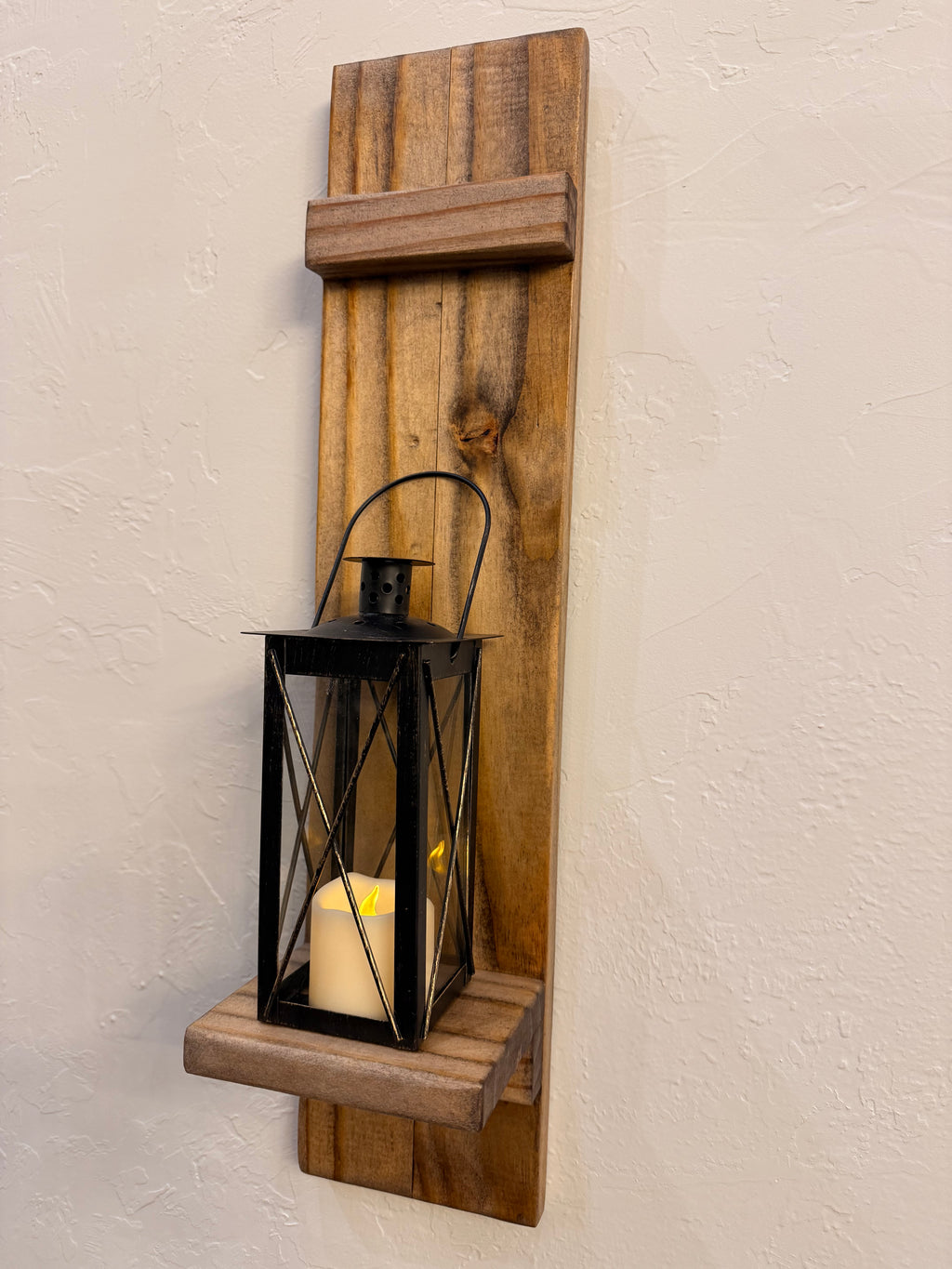 Rustic Handmade Wood Wall Sconces (Pair) with Display Shelf, Lantern and Candle Decor Options