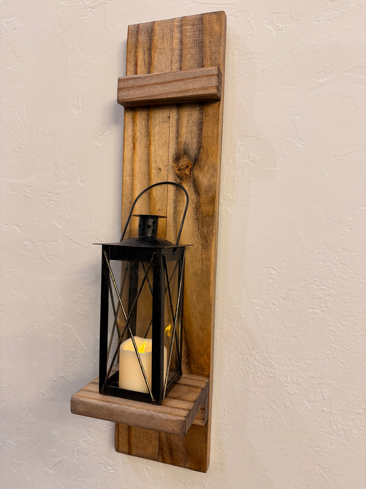 Rustic Handmade Wood Wall Sconces (Pair) with Display Shelf, Lantern and Candle Decor Options