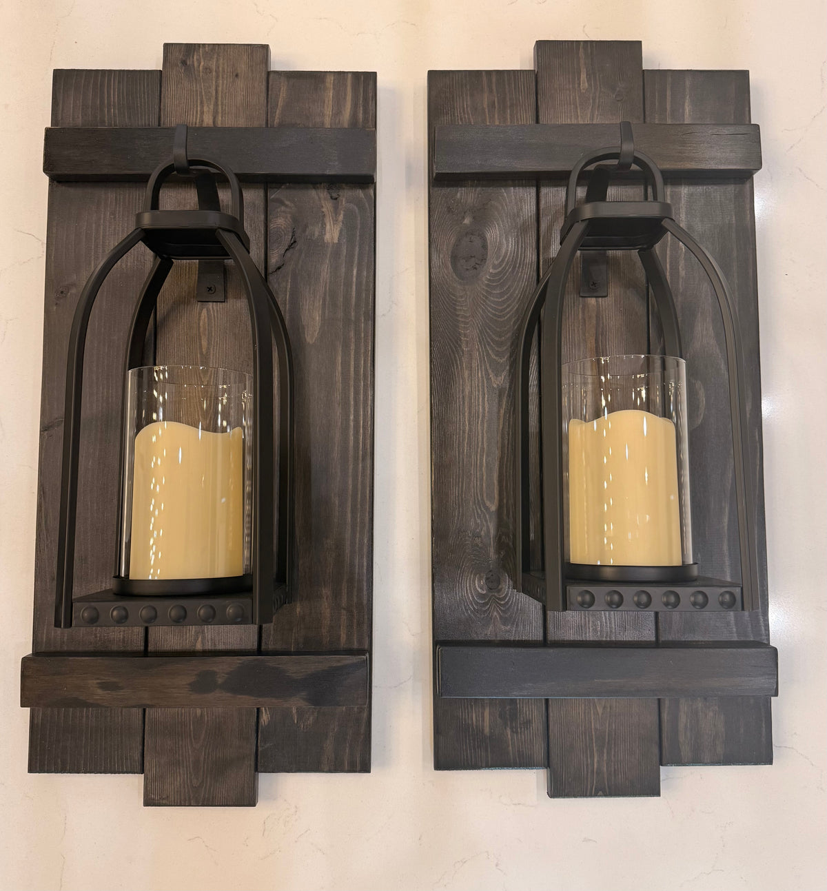 Large Rustic Handmade Wood Wall Sconces (Pair) with Lantern Hook, Lantern and Candle Decor Options