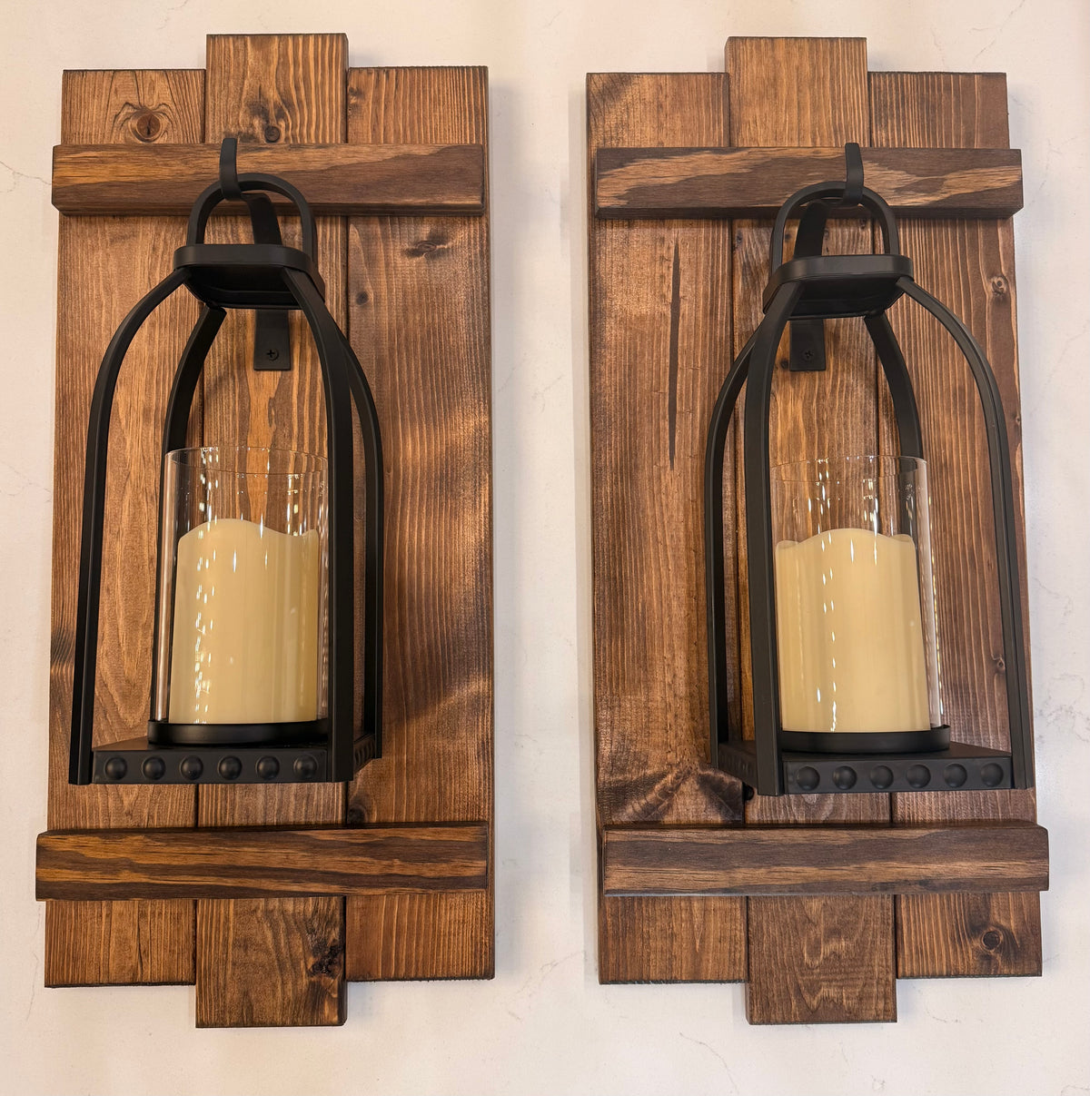 Large Rustic Handmade Wood Wall Sconces (Pair) with Lantern Hook, Lantern and Candle Decor Options