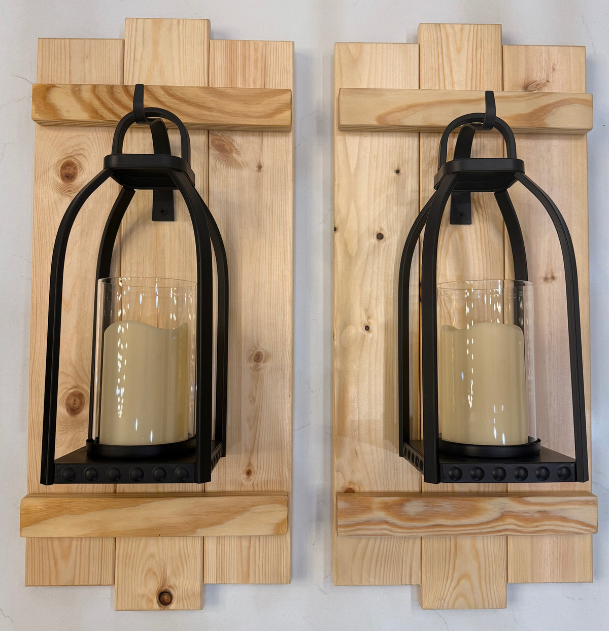 Large Rustic Handmade Wood Wall Sconces (Pair) with Lantern Hook, Lantern and Candle Decor Options